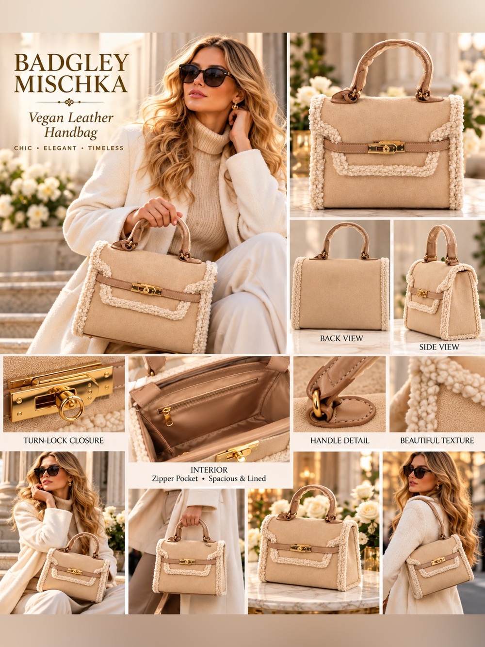 Badgley Mischka Beige Shearling-Trim Vegan Leather Satchel